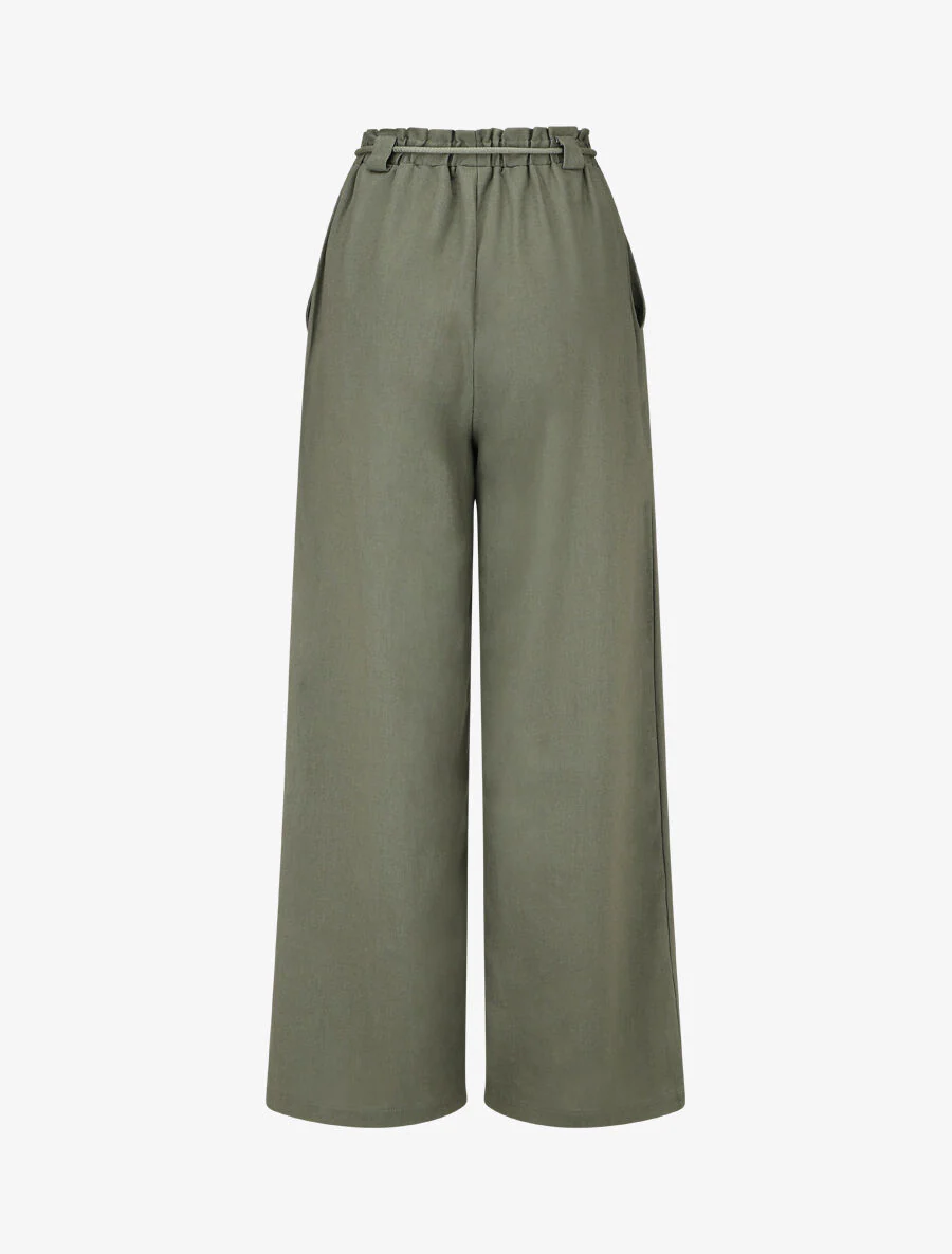 Pantalon élastiqué effet lin - Kaki - Image 2