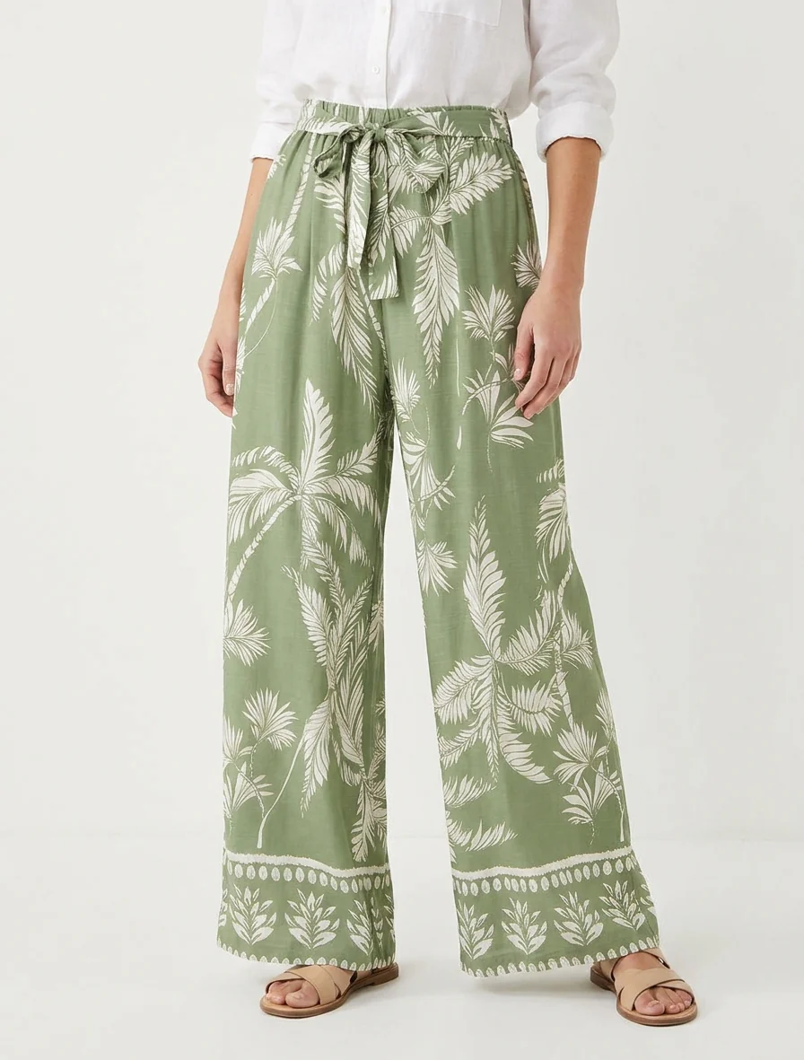 Pantalon élastiquée fluide imprimé feuillage - Kaki - Image 4