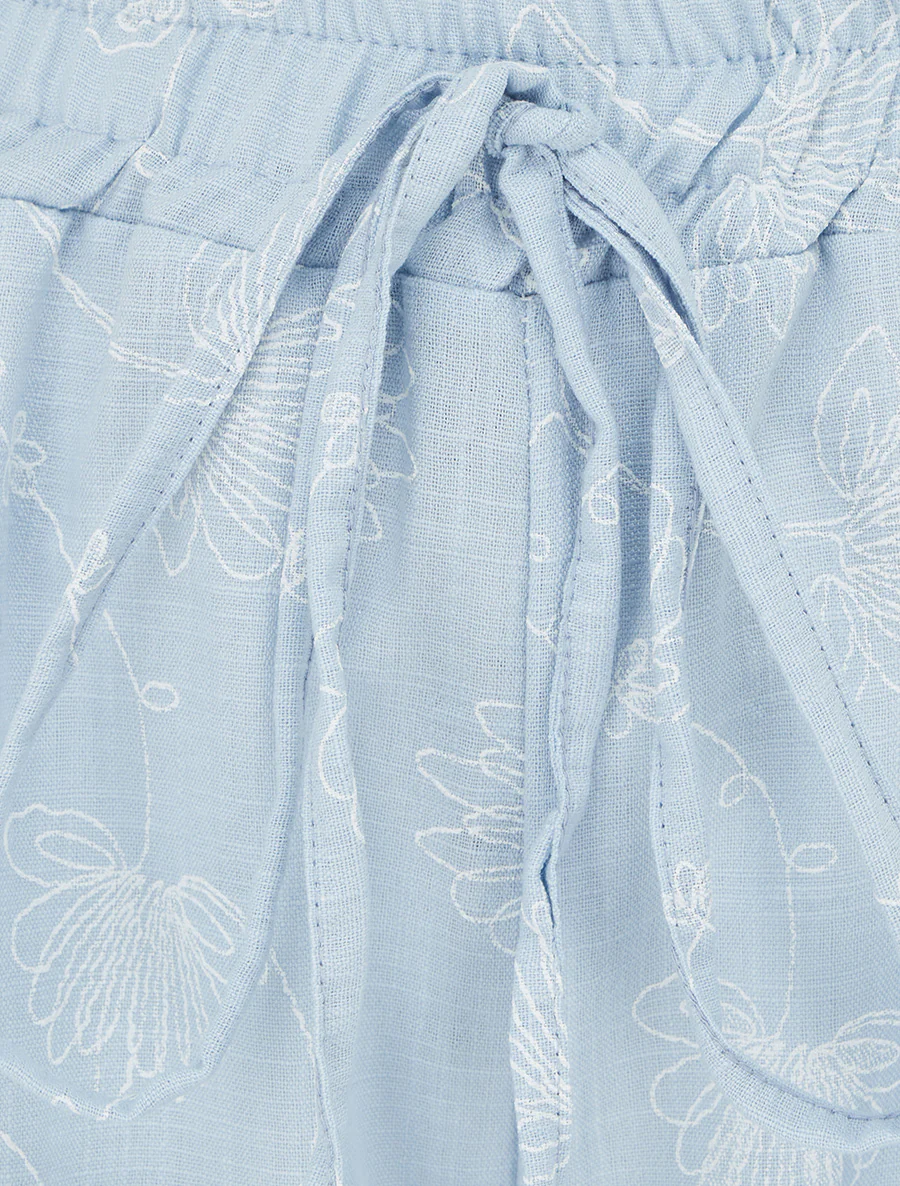 Pantalon en lin à broderie floral - Bleu ciel - Image 3