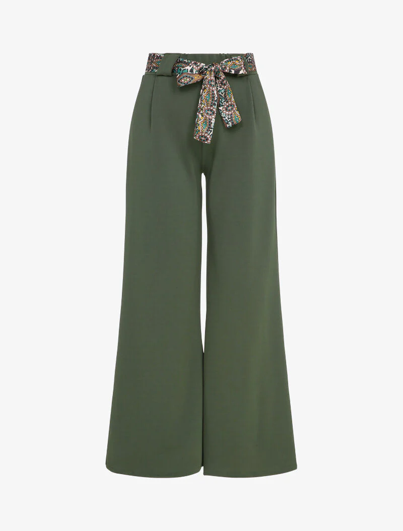 Pantalon flare élastiqué à ceinture style foulard - Vert olive