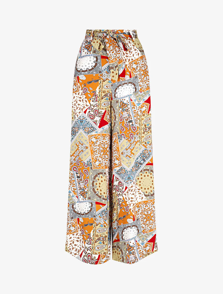Pantalon fluide élastiqué imprimé abstrait - Beige