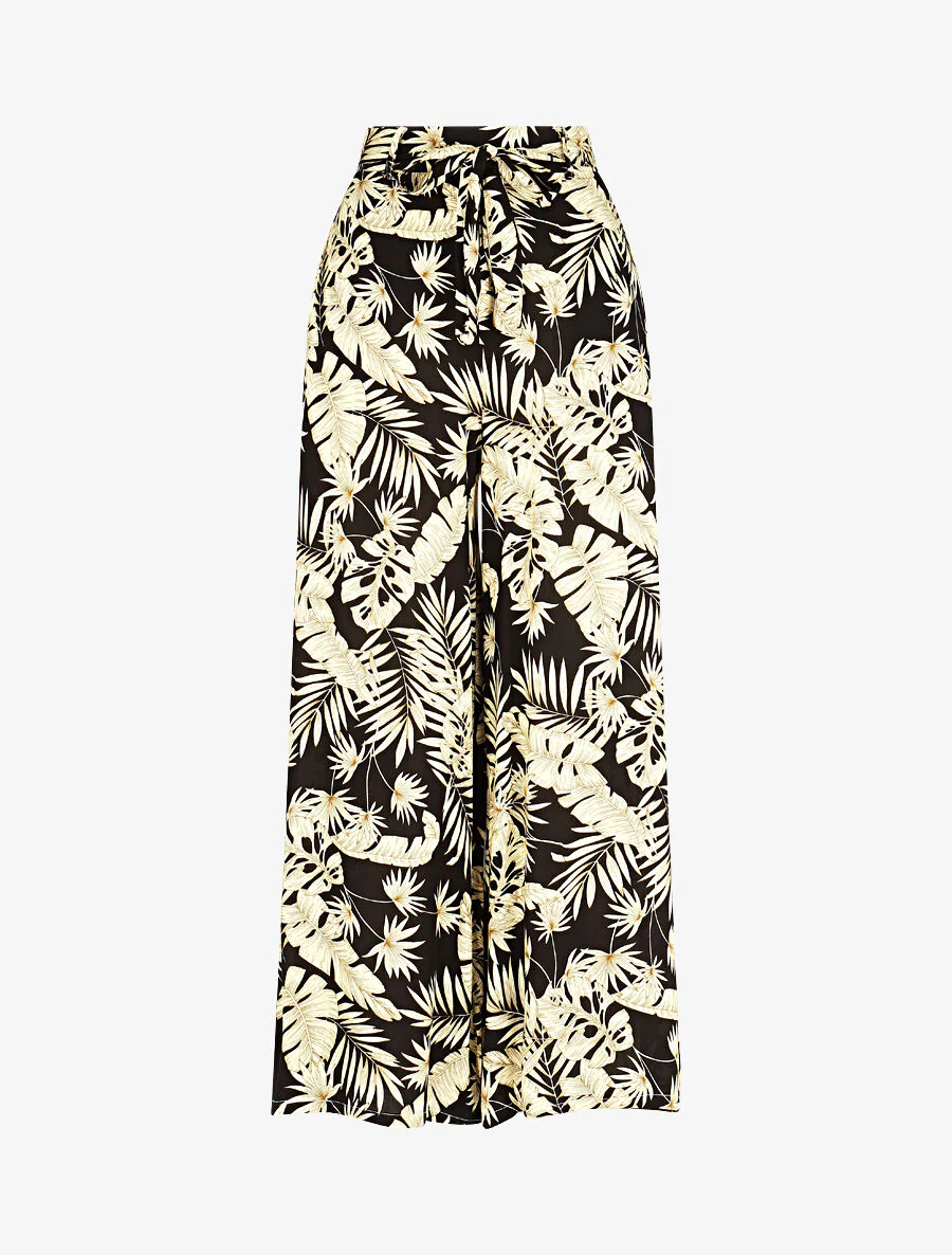 Pantalon fluide élastiqué imprimé feuillage - Noir
