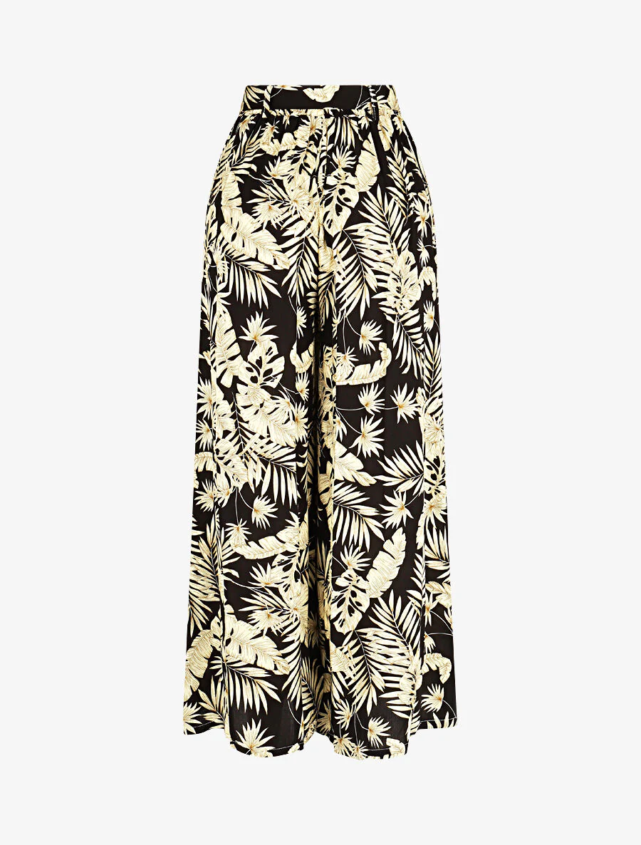 Pantalon fluide élastiqué imprimé feuillage - Noir - Image 2