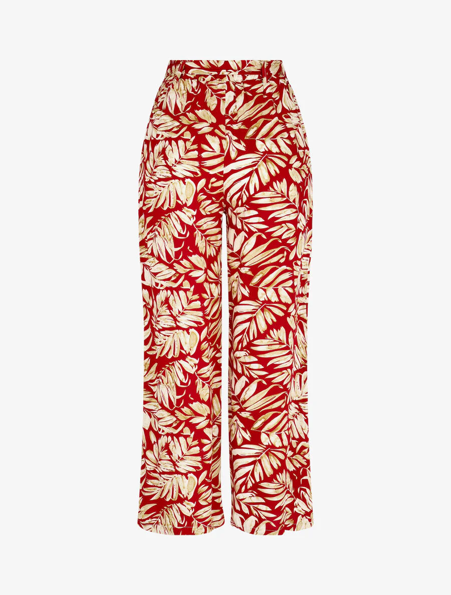 Pantalon fluide élastiqué imprimé feuilles - Rouge - Image 2