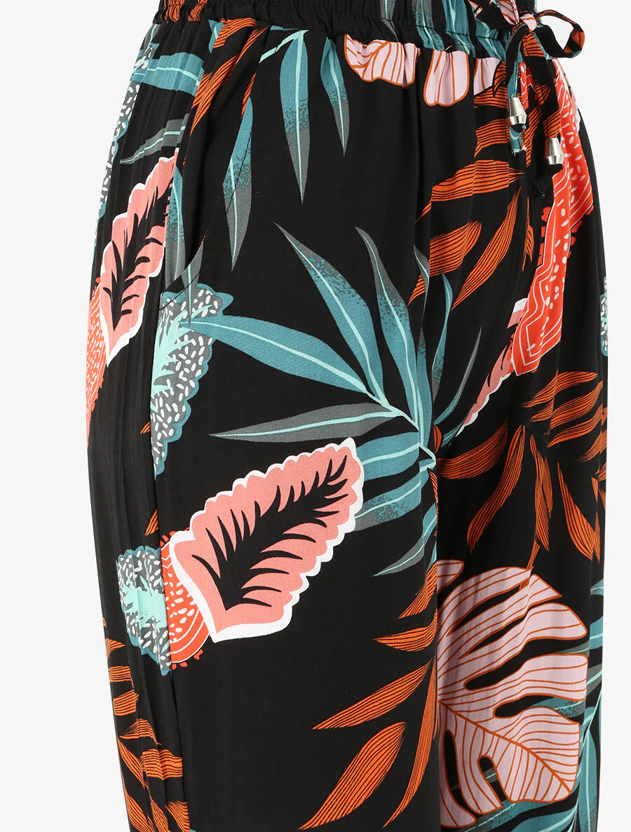 Pantalon fluide imprimé feuilles à bords élastiqués - Noir - Image 3