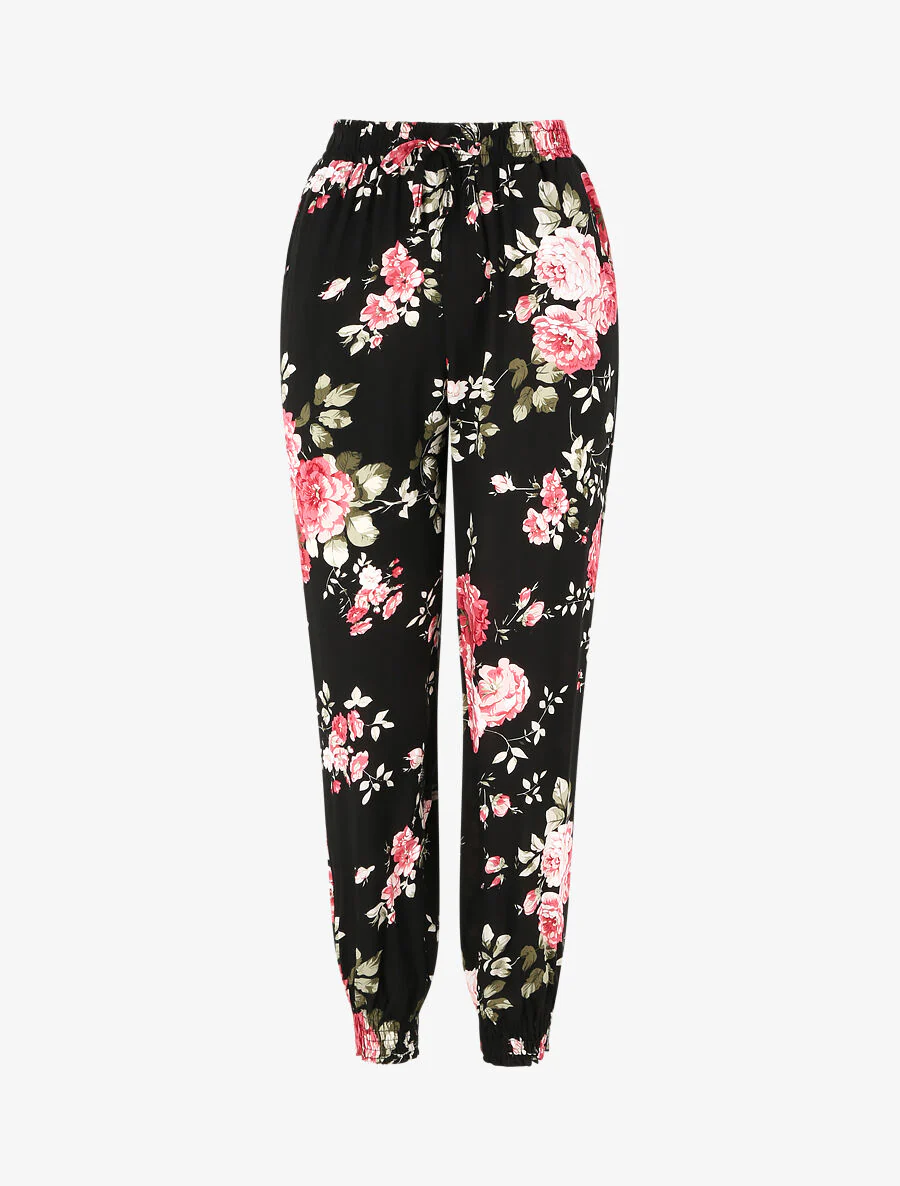 Pantalon fluide imprimé fleuri à bords élastiqués - Noir