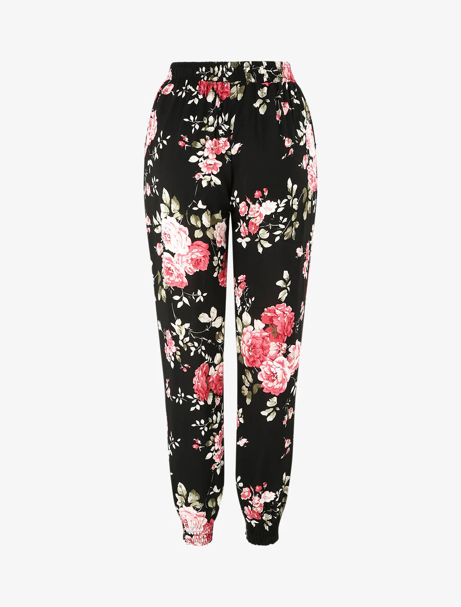 Pantalon fluide imprimé fleuri à bords élastiqués - Noir - Image 2