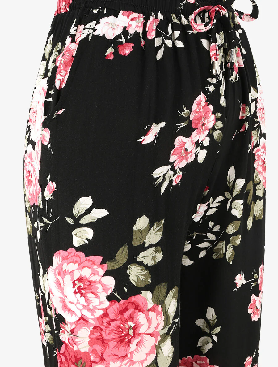 Pantalon fluide imprimé fleuri à bords élastiqués - Noir - Image 3