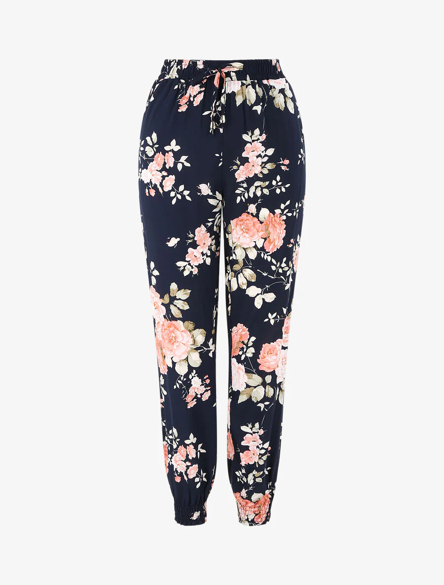 Pantalon fluide imprimé fleuri à bords élastiqués - Bleu nuit