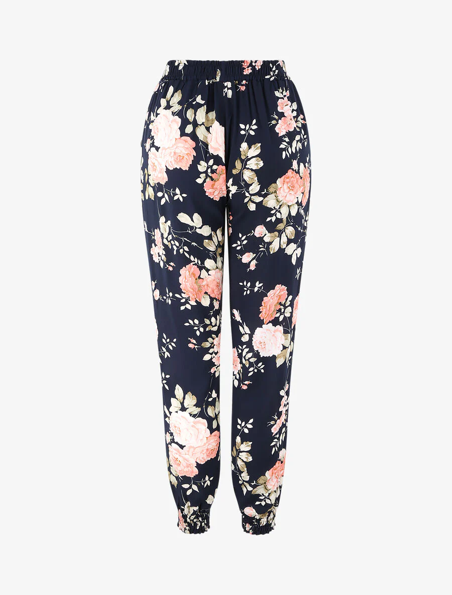 Pantalon fluide imprimé fleuri à bords élastiqués - Bleu nuit - Image 2