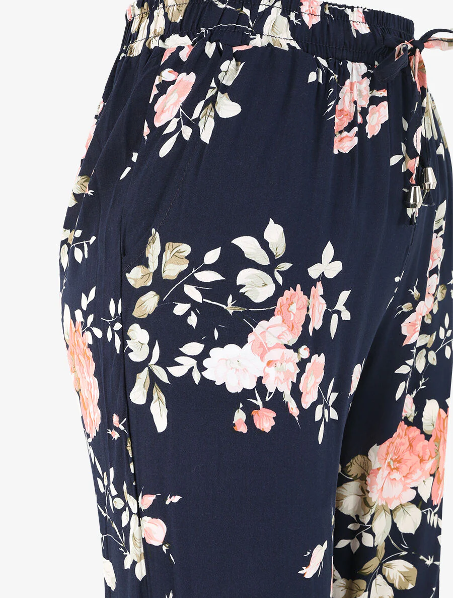 Pantalon fluide imprimé fleuri à bords élastiqués - Bleu nuit - Image 3