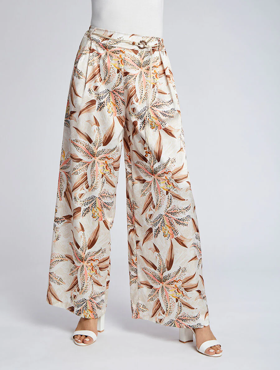 Pantalon fluide imprimé fleurs de lys - Beige - Image 3