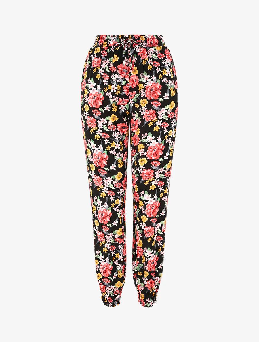 Pantalon fluide imprimé fleurs printanières à bords élastiqués - Noir