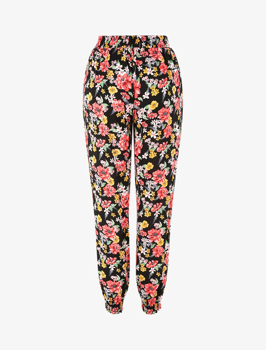 Pantalon fluide imprimé fleurs printanières à bords élastiqués - Noir - Image 2