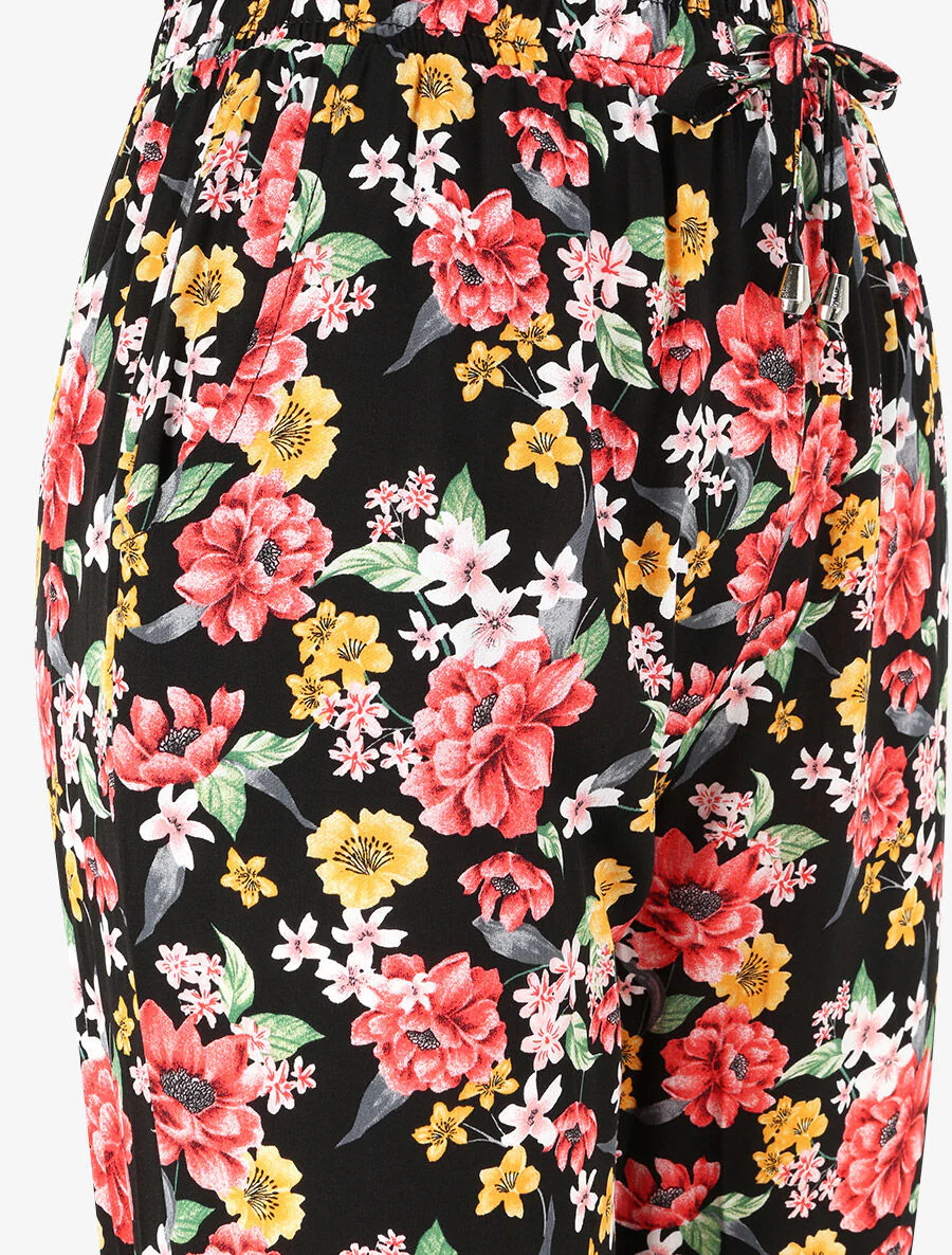 Pantalon fluide imprimé fleurs printanières à bords élastiqués - Noir - Image 3