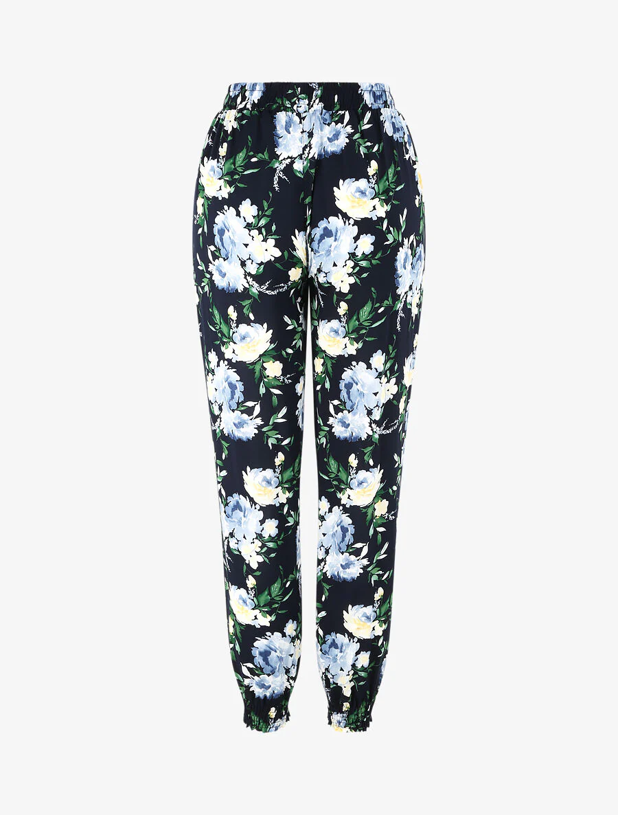 Pantalon fluide imprimé fleurs printanières à bords élastiqués - Marine - Image 2