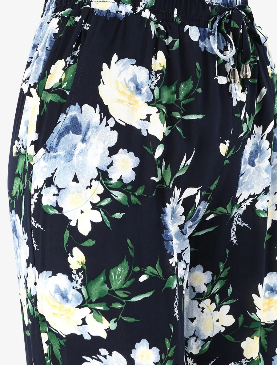 Pantalon fluide imprimé fleurs printanières à bords élastiqués - Marine - Image 3