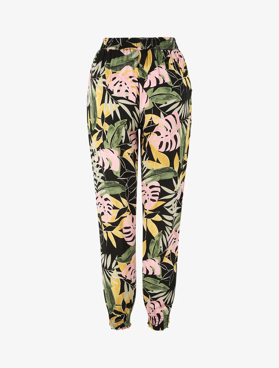 Pantalon fluide imprimé fleurs tropicales à bords élastiqués - Noir - Image 2