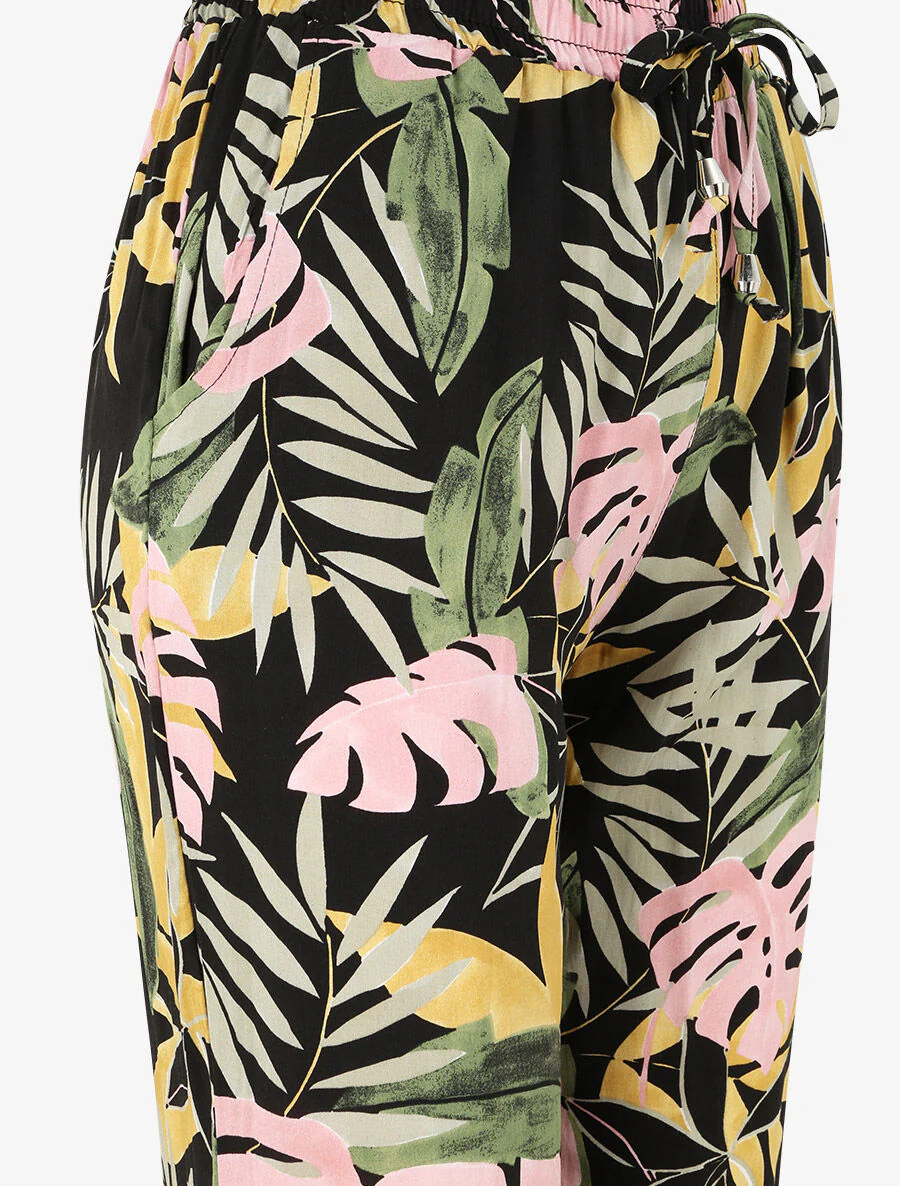 Pantalon fluide imprimé fleurs tropicales à bords élastiqués - Noir - Image 3