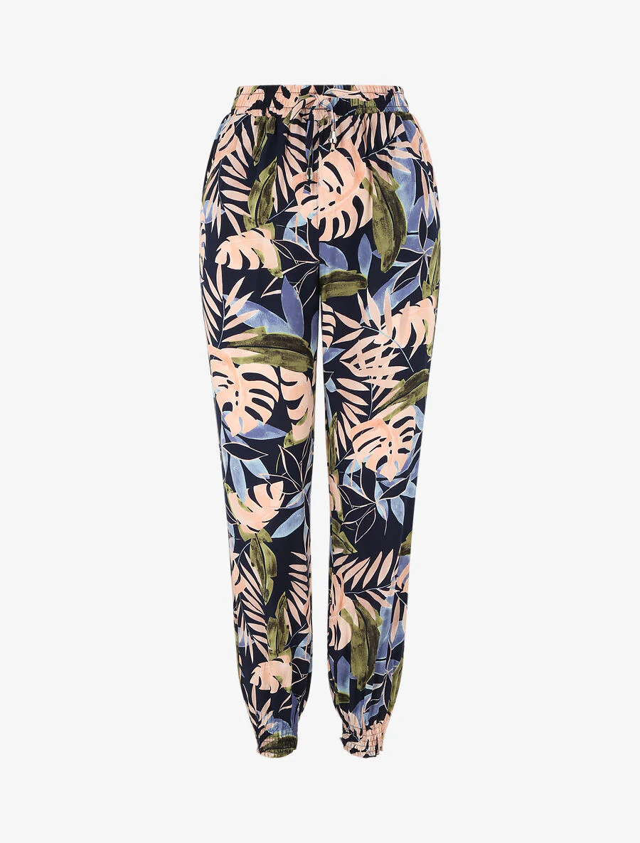 Pantalon fluide imprimé fleurs tropicales à bords élastiqués - Marine