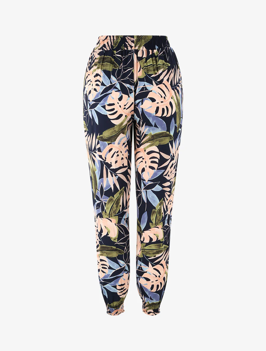 Pantalon fluide imprimé fleurs tropicales à bords élastiqués - Marine - Image 2