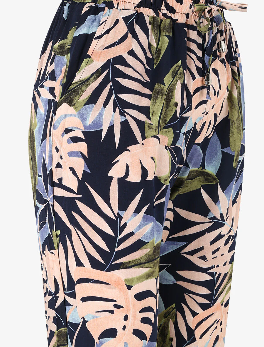 Pantalon fluide imprimé fleurs tropicales à bords élastiqués - Marine - Image 3