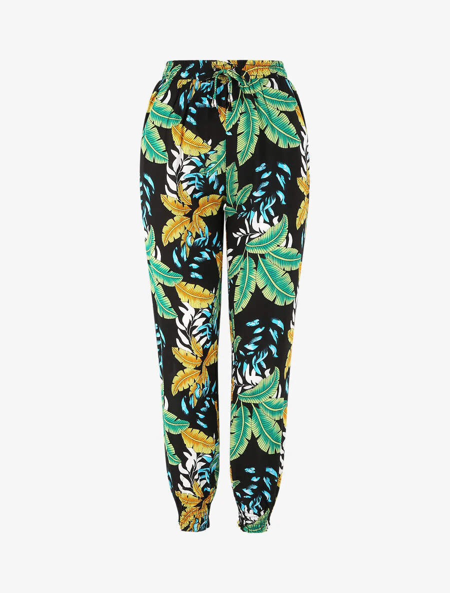 Pantalon fluide imprimé grandes feuilles à bords élastiqués - Vert