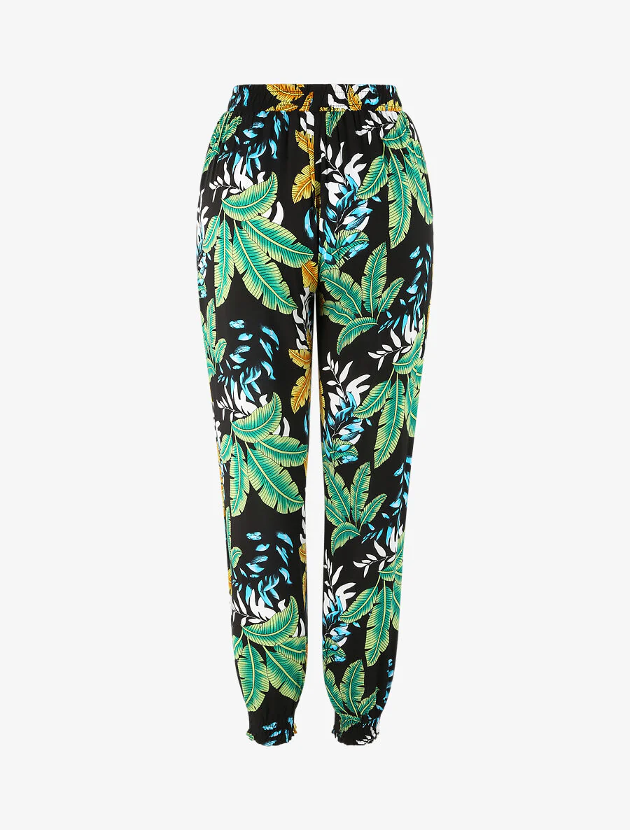 Pantalon fluide imprimé grandes feuilles à bords élastiqués - Vert - Image 2