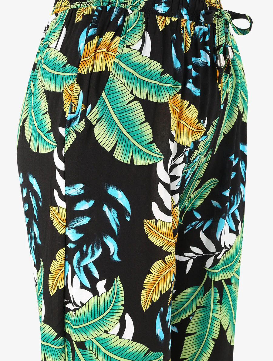 Pantalon fluide imprimé grandes feuilles à bords élastiqués - Vert - Image 3