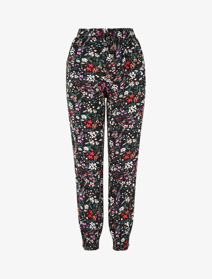 Pantalon fluide imprimé petites fleurs à bords élastiqués - Noir
