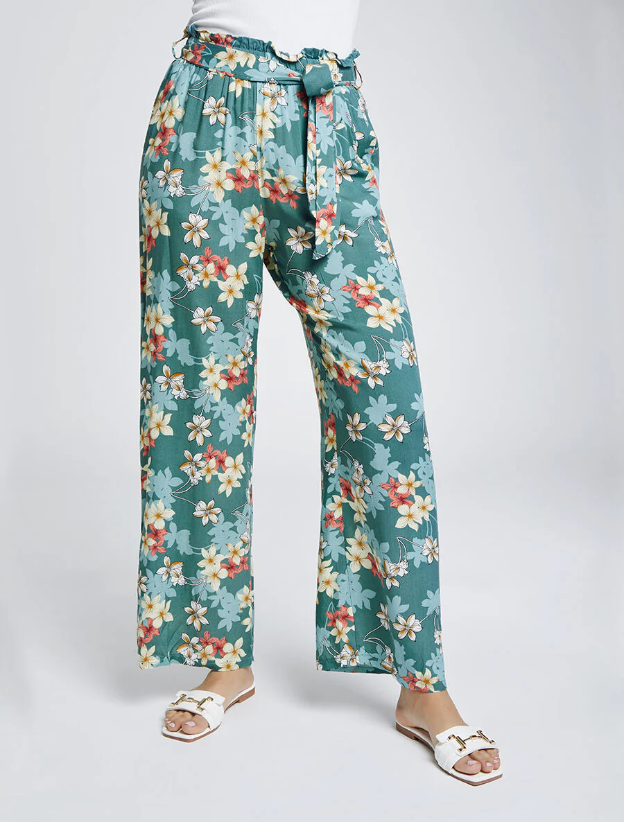 Pantalon fluide motifs fleurs de vanillier - Bleu gris
