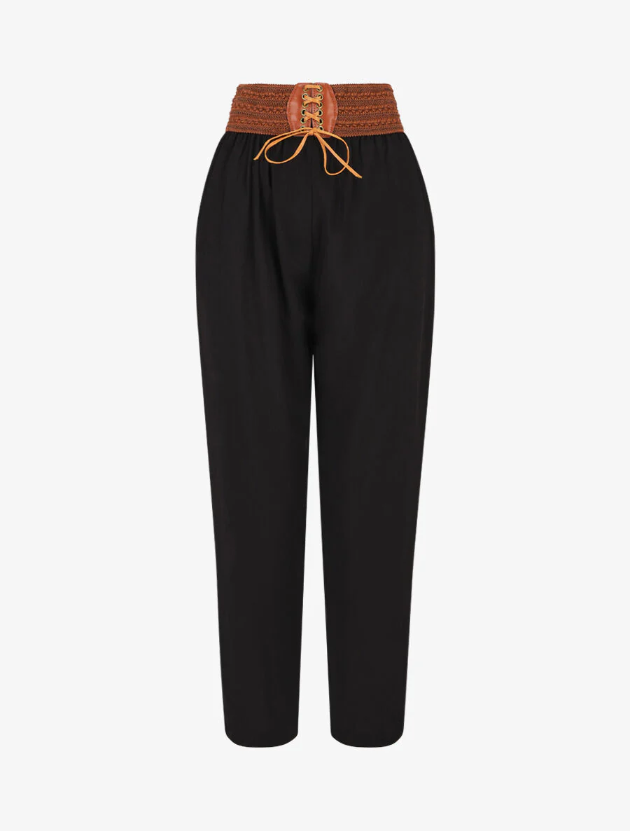 Pantalon fluide taille haute style corset - Noir