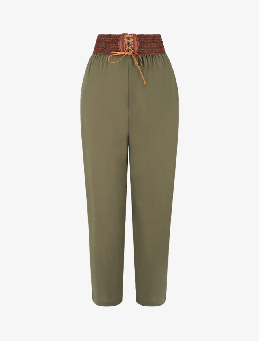 Pantalon fluide taille haute style corset - Kaki