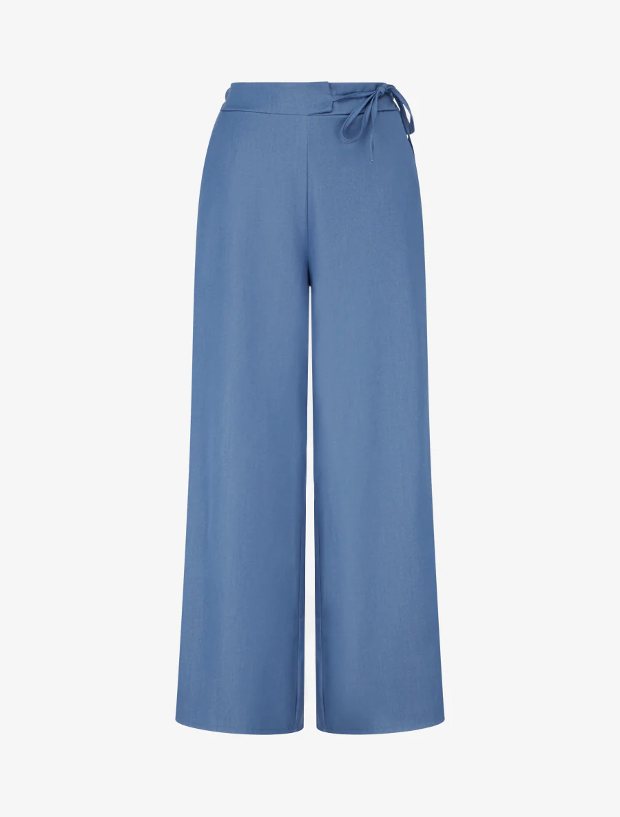 Pantalon fluide uni à liens à nouer - Bleu