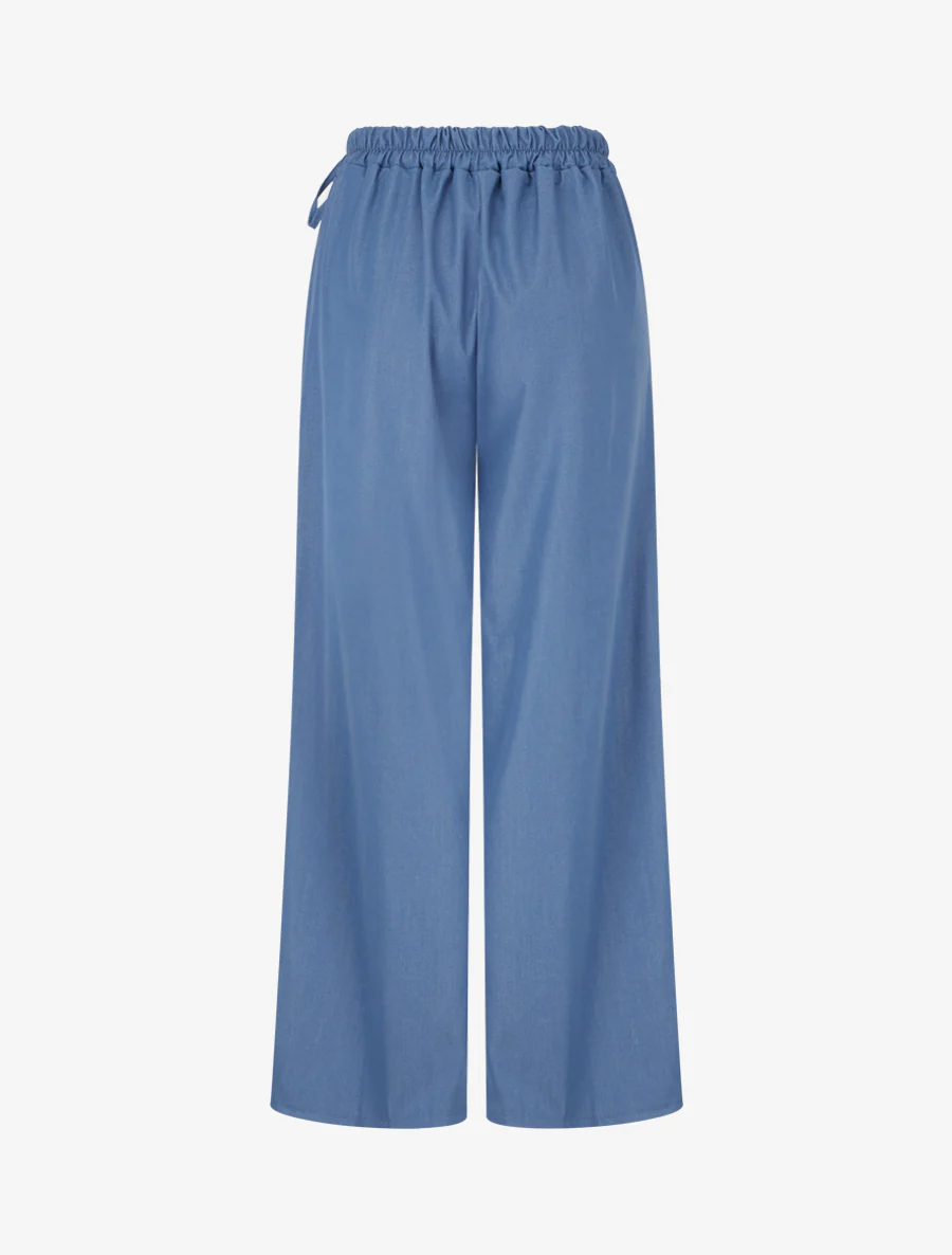 Pantalon fluide uni à liens à nouer - Bleu - Image 2