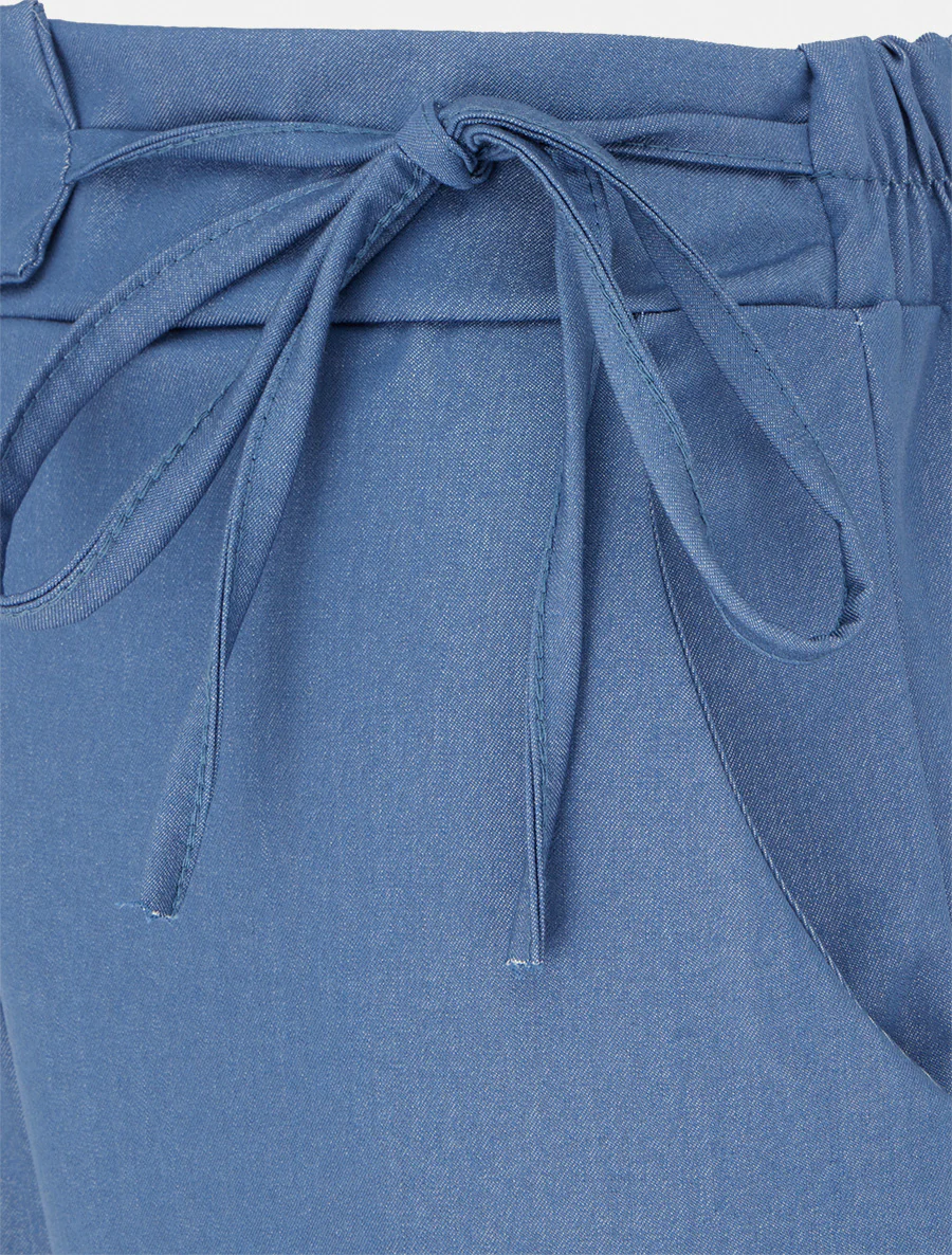 Pantalon fluide uni à liens à nouer - Bleu - Image 3
