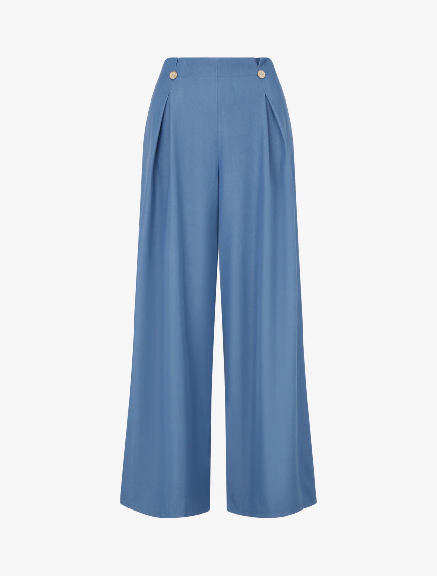 Pantalon fluide uni à pont - Bleu