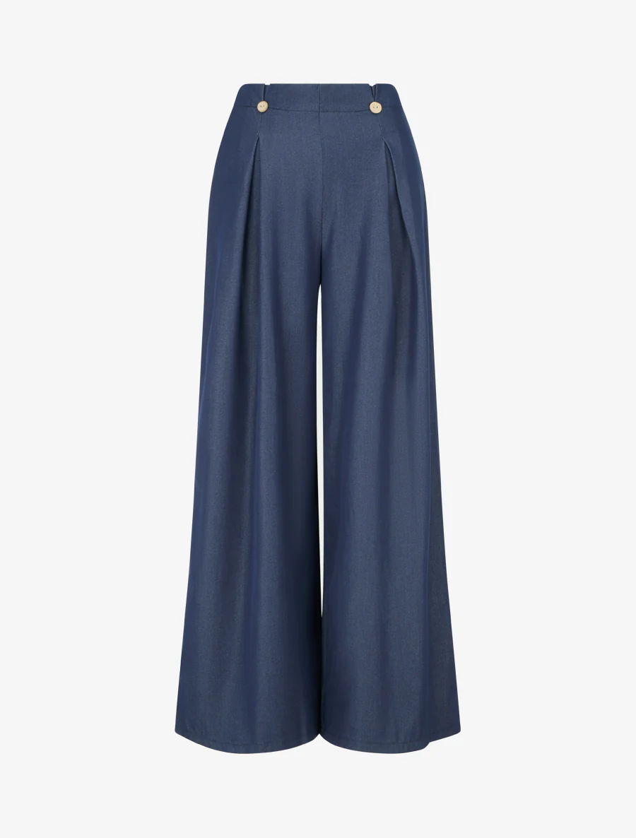 Pantalon fluide uni à pont - Bleu brut