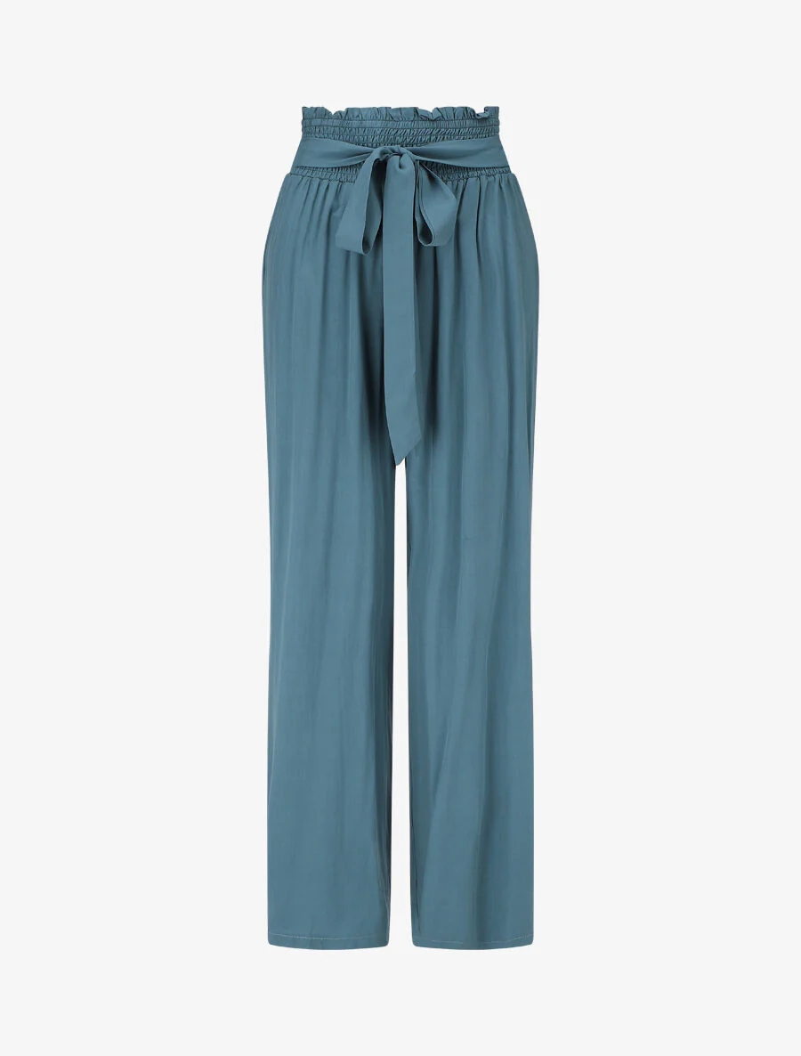 Pantalon fluide uni à taille élastiquée - Bleu canard
