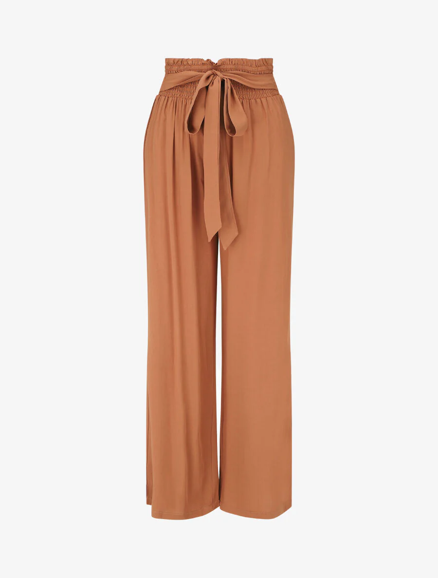 Pantalon fluide uni à taille élastiquée - Camel