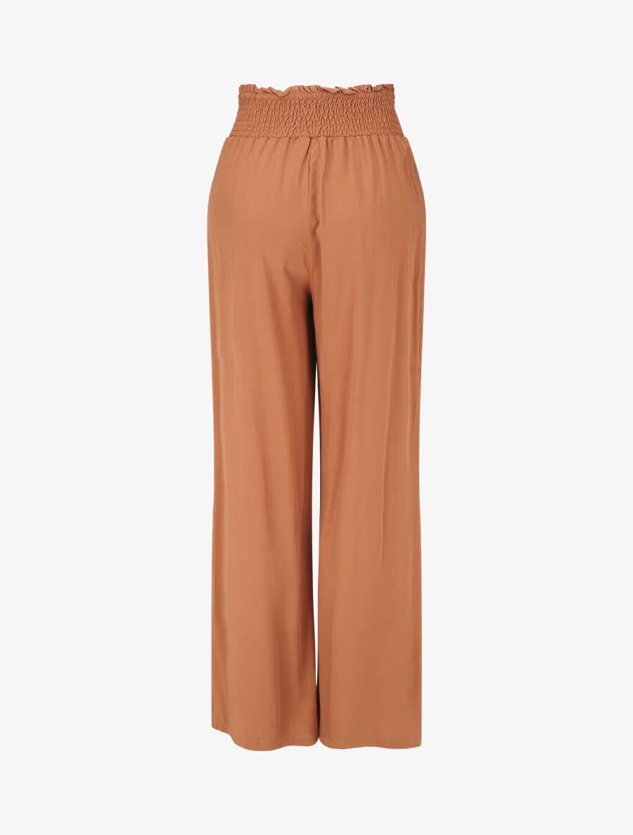 Pantalon fluide uni à taille élastiquée - Camel - Image 2
