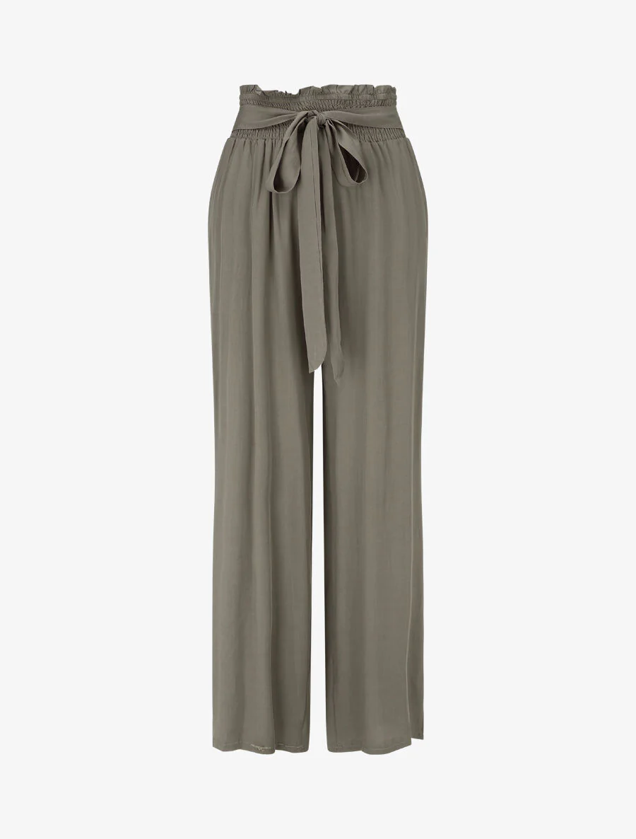 Pantalon fluide uni à taille élastiquée - Kaki