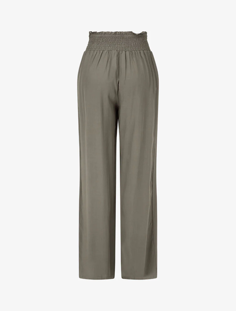 Pantalon fluide uni à taille élastiquée - Kaki - Image 2
