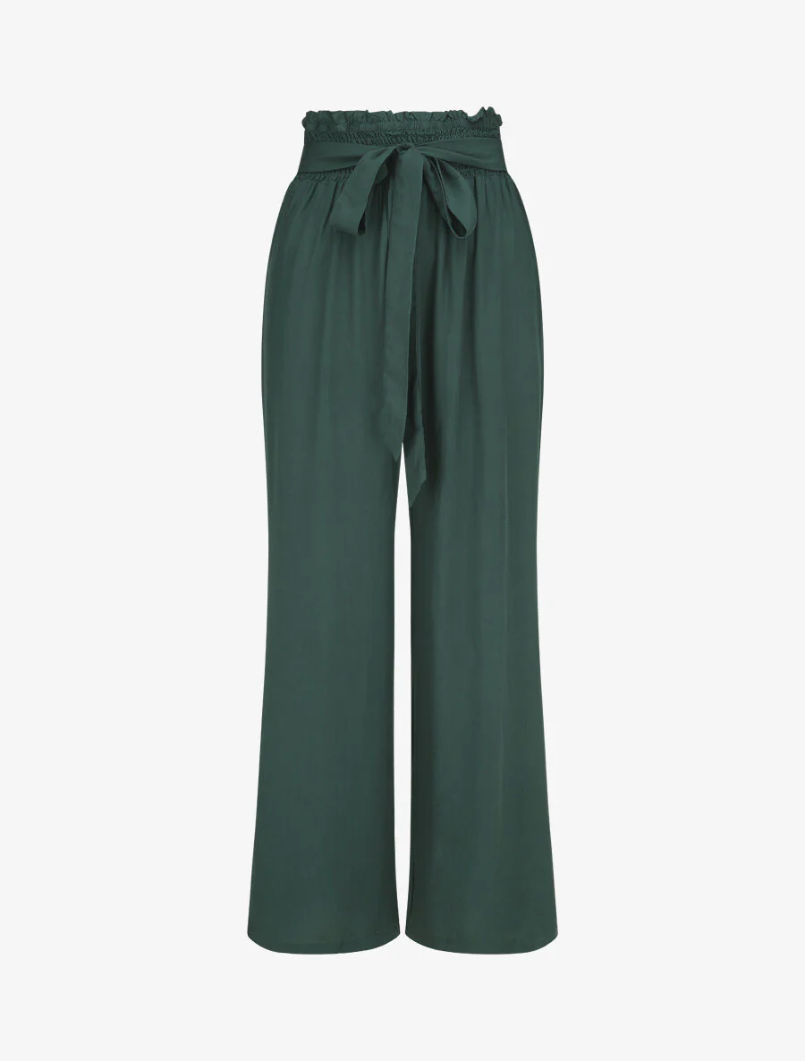 Pantalon fluide uni à taille élastiquée - Vert sapin
