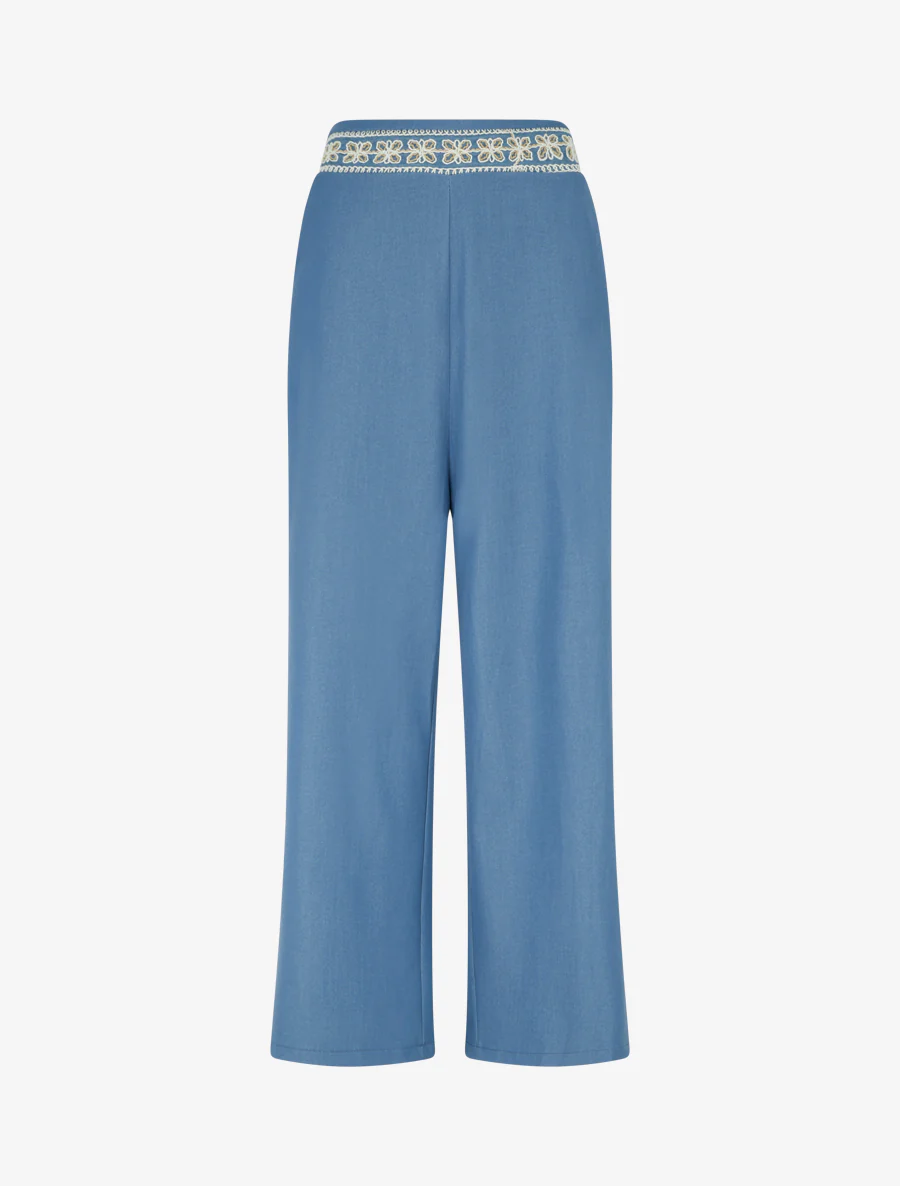 Pantalon fluide unie à bande brodée - Bleu ciel
