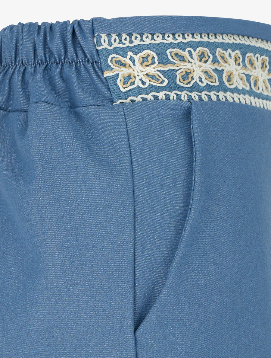 Pantalon fluide unie à bande brodée - Bleu ciel - Image 3