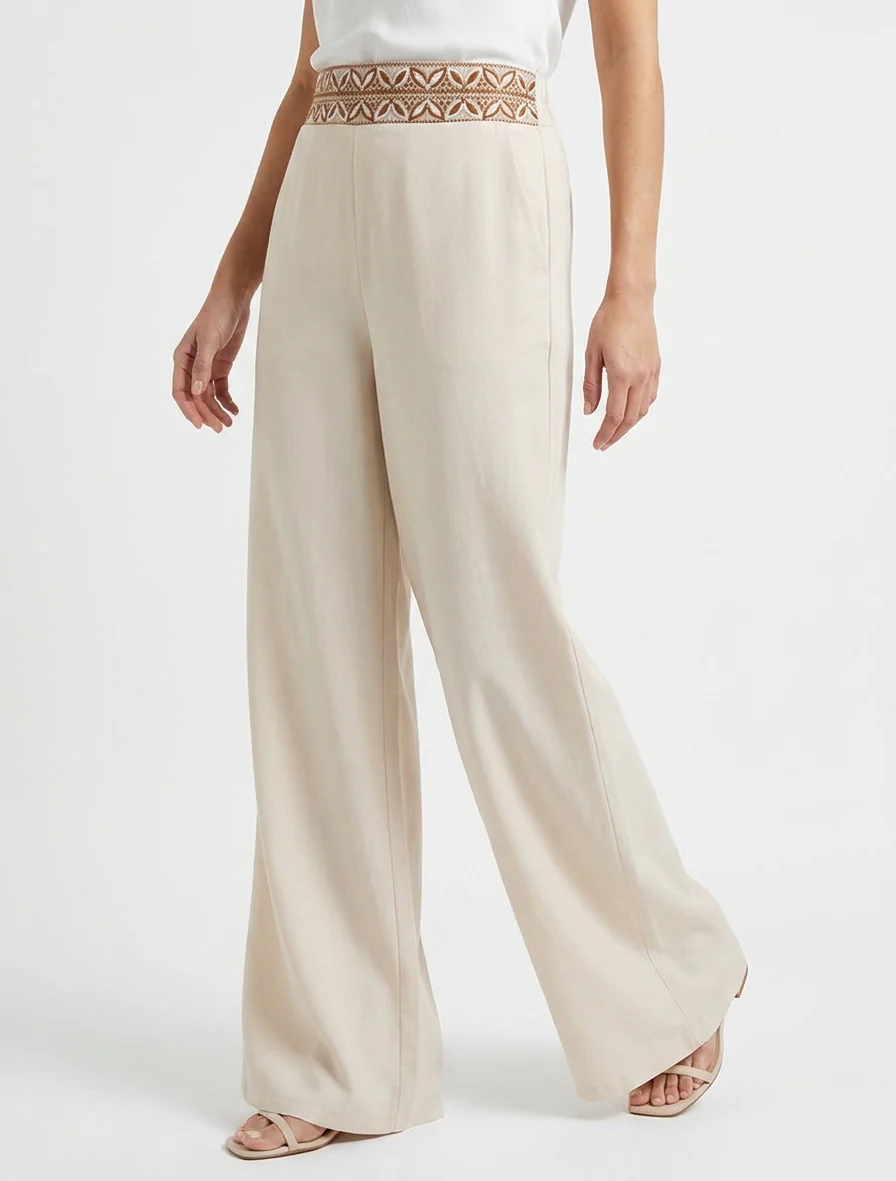 Pantalon fluide unie à taille haute - Beige - Image 4