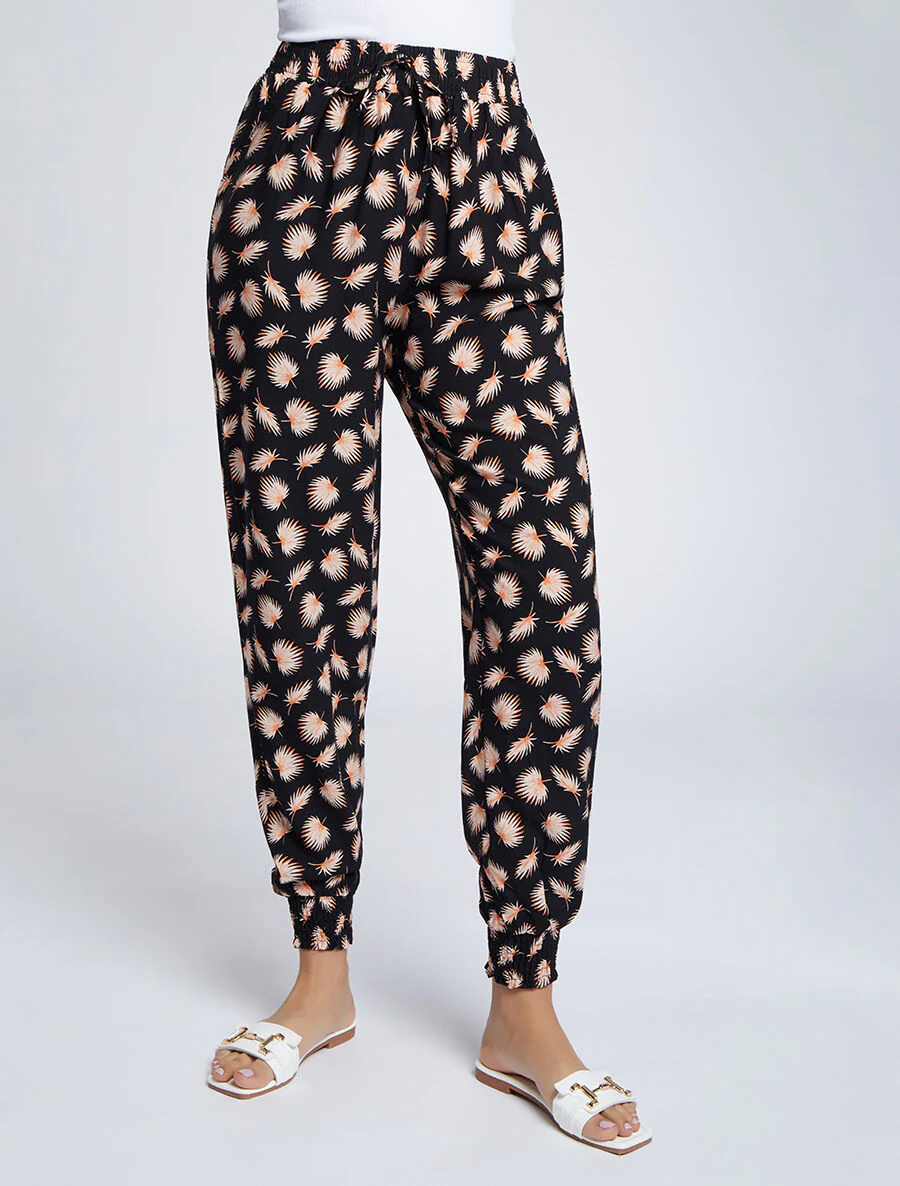 Pantalon harem imprimé feuilles de palmier - Noir - Image 4