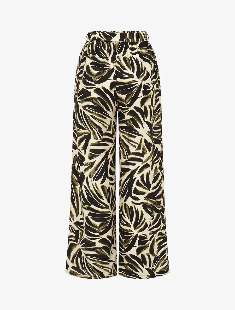 Pantalon imprimé abstrait à taille haute élastiquée - Kaki - Image 2