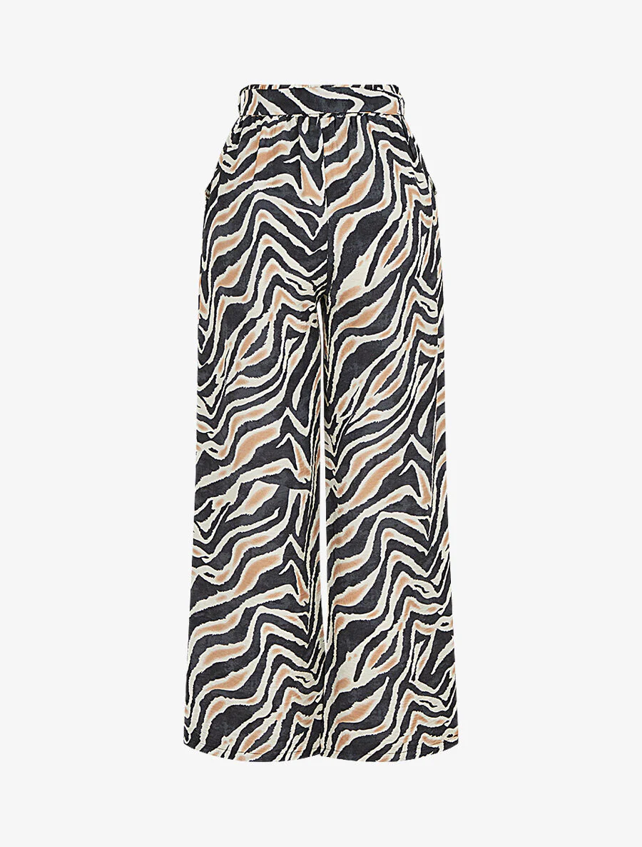 Pantalon imprimé fantaisie à taille haute élastiquée - Noir - Image 2